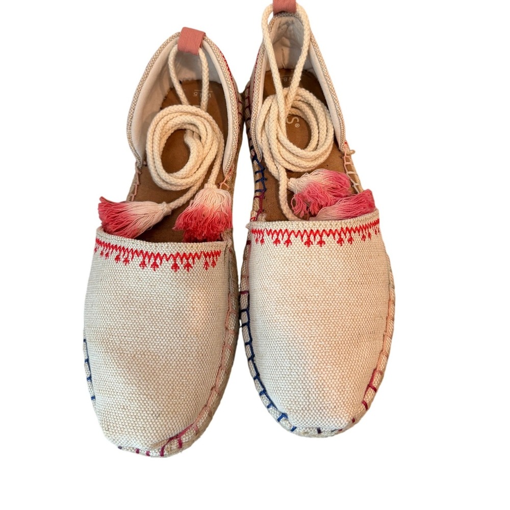 TOMS Valencia Espadrille Flats Cream Canvas Ankle Tie Tassel Womens 8.5
